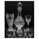 Crystal Decanter, Candle Holders, Vase +