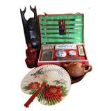 Asian Caligraphy Set, Figures & Fan