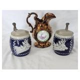 Stoneware Steins & Victorian Lustre Jug**