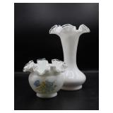 Fenton White Glass Silver Crest Vases