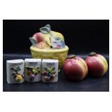 Majolica Stye Fruit Themed S&P, Shakers & Dish