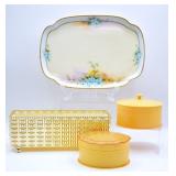 Antique Celluloid Powder Dishes, Porcelain Tray +