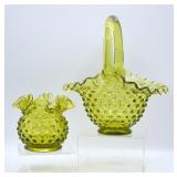 Fenton Colonial Green Hobnail Basket & Bowl