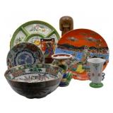 Colorful Asian Style Porcelain Dishes & Wood Doll