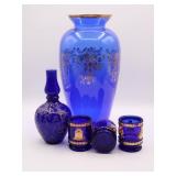 Cobalt Blue & Gold Glass Vases & Votives
