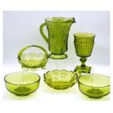 Colonial Green Glass Basket, Candle Bowls, Pitcher