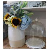 Faux Flowers in Crock & Large Glass Cloche