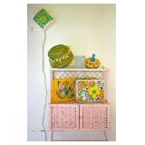 Vintage Wicker Cabibet, Hat, Lunchbox, Clock +