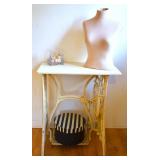 Bust Form, Cast Iron Sewing Table, Hat Box +