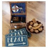 Wood Fruit & Bowl, Vntg Picnic Basket & Beach Sign