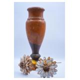 Carved Wood Vase & Metal Daisy Flowers