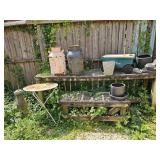 Wood Shelves & Contents - Milk Jugs, Pots ++
