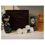 Japanese Wood Dolls, Painted Egg, Laquer Box ++