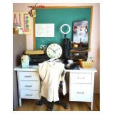 Metal Office Desk, Clock, Chalkboard & More