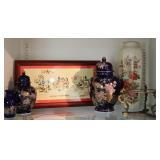 Asian Style Porcelain Urns, Vase, Brass Stand ++