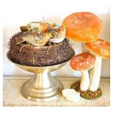 Faux Mushrooms, Bird Ornaments & Stand