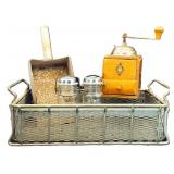 Vintage Grinder, S&P Shakers, Metal Sifting Box +