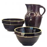 Brown Glaze Stoneware Pitcher & Mixing Bowls