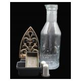 Glass Milk Bottle, Cast Iron Trivet & Minis