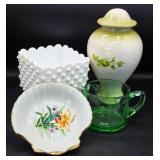Hobnail Milk Glass, Japan Shell Dish, Green Cup +