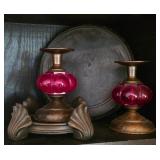Red Glass & Metal Candle Holders & Wood Stands