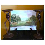 Landscape Painting & Candle Stand Pair