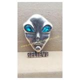 Sterling Silver Alien Head Pendant Brooch Green