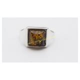 Vintage Sterling Silver Amber Ring Sz 7-1/4