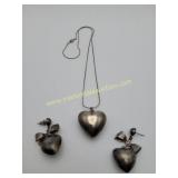 Silver Tone Puffy Hearts Pedant & earrings Set