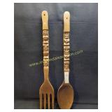 Vintage MCM Wood Spoon & Fork Carved Large