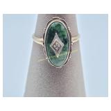 Antique 10K Yellow Gold Diamond Green Jasper Ring
