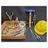 Hand Tools Lot - Hammer, Hard Hat, Pliers, Drill