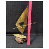Vintage Mid Century Brass & Wood Sail Boat