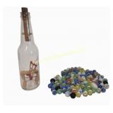 Vintage Collection Of Glass Marbles & Wood Saw