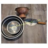 Whirley Pop Lid, Copper Clad Colander, 3) Nested