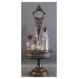 Victorian Silver Plate Cruet Set w Glass Bottles