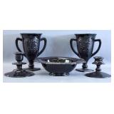 Black Glass Console Set with Vases and Candlestick