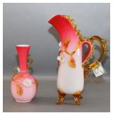 Very Unusual Cranberry Cased Glass Pitcher & Vase