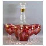 Bohemian Cranberry Glass Decanter with Six Glasses