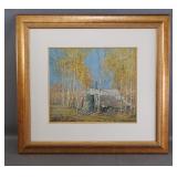 Framed Oil Painting of Cabin in Birch Forest