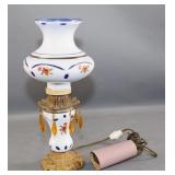 White and Blue Glass Table Lamp with Floral Design