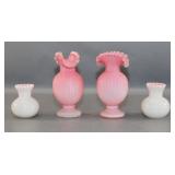 Four Pink and White Ruffled Glass Vases