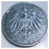1903-J 5 Mark 90% Silver Hanseatic City Hamburg