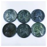 6 Silver War Nickels Mixed Dates