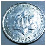 1853 Three Cent Silver AU/BU