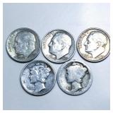 5 Silver Dimes Mixed Dates