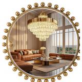 NEW $190 30' Round Mirror Antique Gold Ball Frame