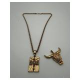 Gold Tone Chain w/ Cross & Bull Pendants