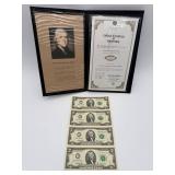 $2 Bill Uncut Sheet Set w/ Certificate