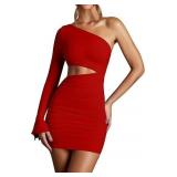 (M) One Shoulder Long Sleeve Bodycon Mini Dress